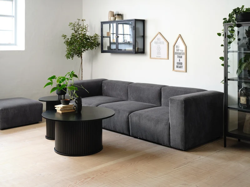 Runder Holztisch Gativel 90 cm mit runder Basis, Lamellen Eiche Schwarz