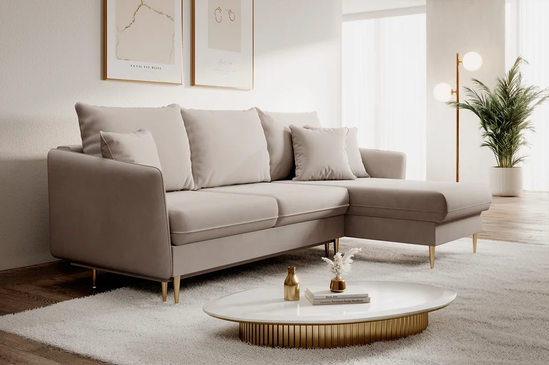 Ecksofa mit Schlaffunktion Volio, beige, wasserabweisender Samt, goldene Beine