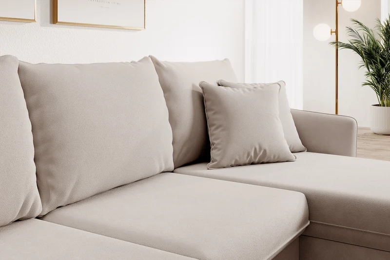 Ecksofa mit Schlaffunktion Volio, beige, wasserabweisender Samt, goldene Beine