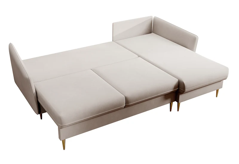 Ecksofa mit Schlaffunktion Volio, beige, wasserabweisender Samt, goldene Beine