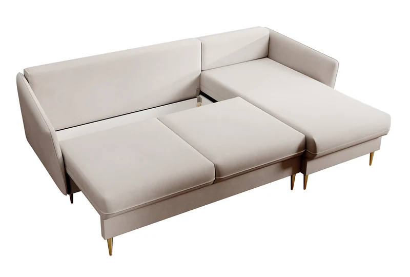 Ecksofa mit Schlaffunktion Volio, beige, wasserabweisender Samt, goldene Beine
