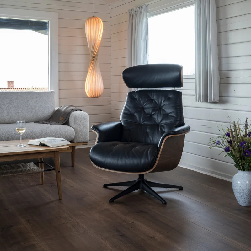 Magnus - Relax Sessel | Manuell Verstellbar - Leder Nature Black | Schale Nussbaum