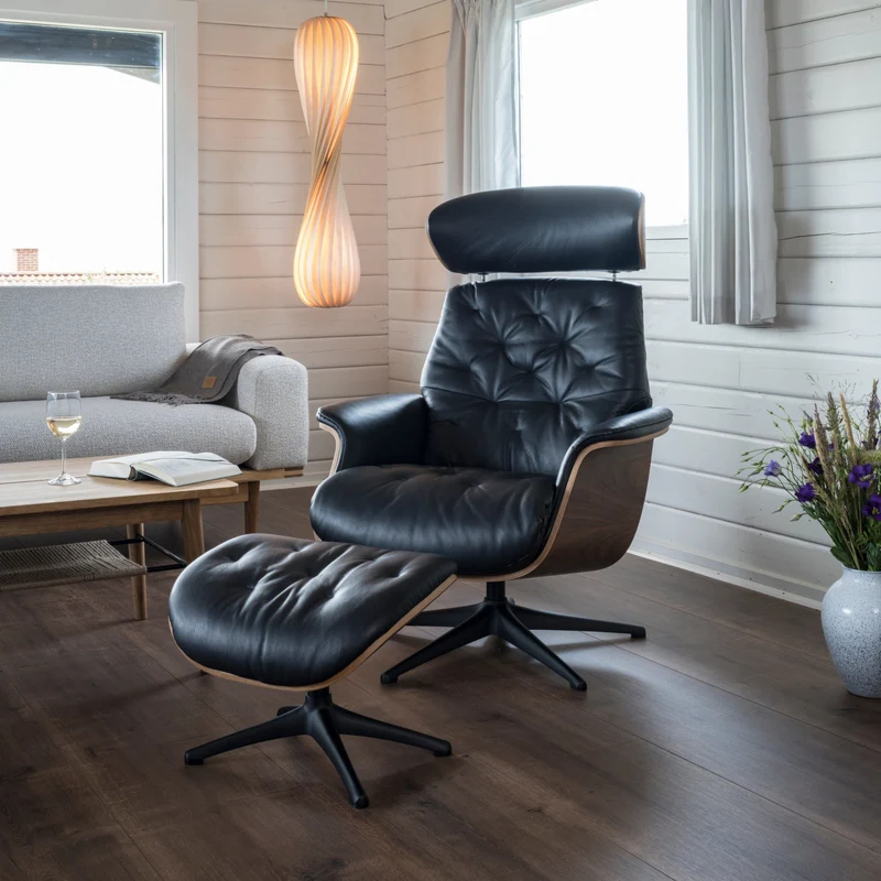 Magnus - Relax Sessel | Manuell Verstellbar - Leder Nature Black | Schale Nussbaum