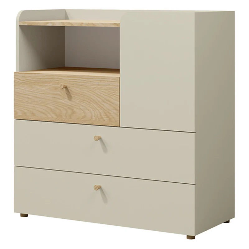 Yuki Kommode 90 cm mit 1 Tür, 3 Schubladen und offenem Fach – Graubeige / Eiche geölt