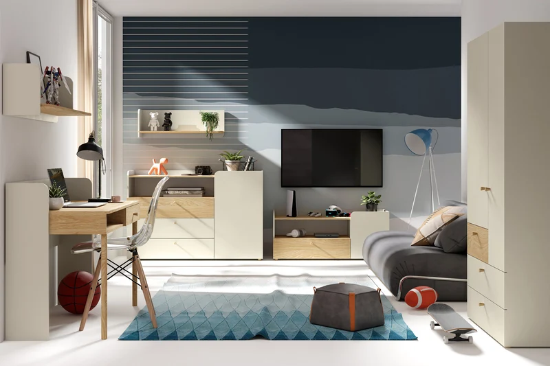 Yuki Kommode 140 cm mit 1 Tür, 3 Schubladen und offenem Fach – Graubeige / Eiche geölt