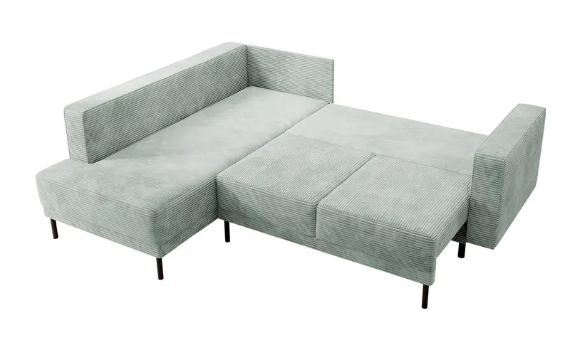 Ecksofa Rodario mit Schlaffunktion und Bettkasten, hellgrauer Cord, linksseitig