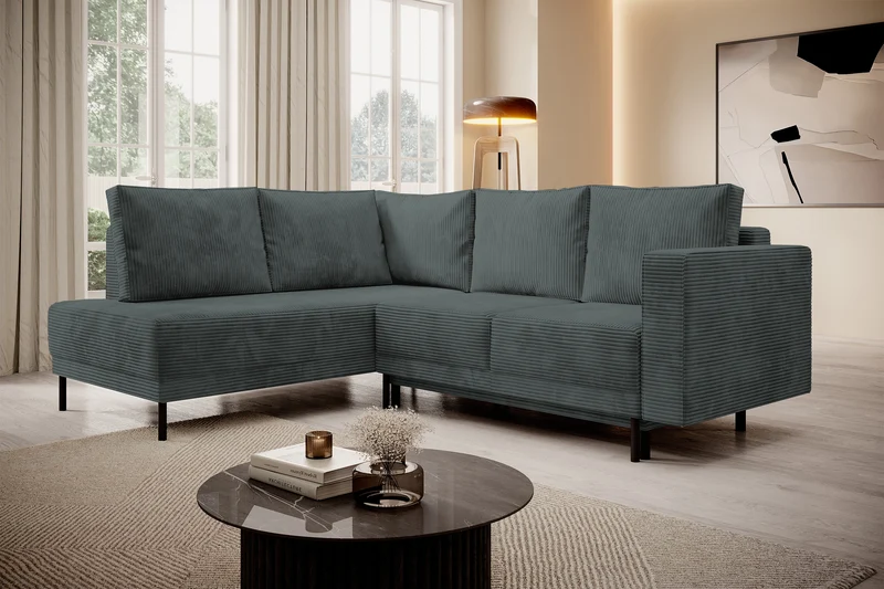 Ecksofa Rodario mit Schlafunktion und Bettkasten, grauer Cord, linksseitig