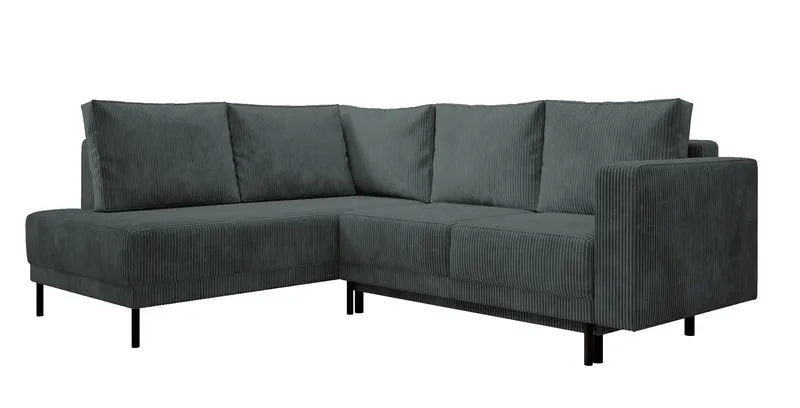 Ecksofa Rodario mit Schlafunktion und Bettkasten, grauer Cord, linksseitig