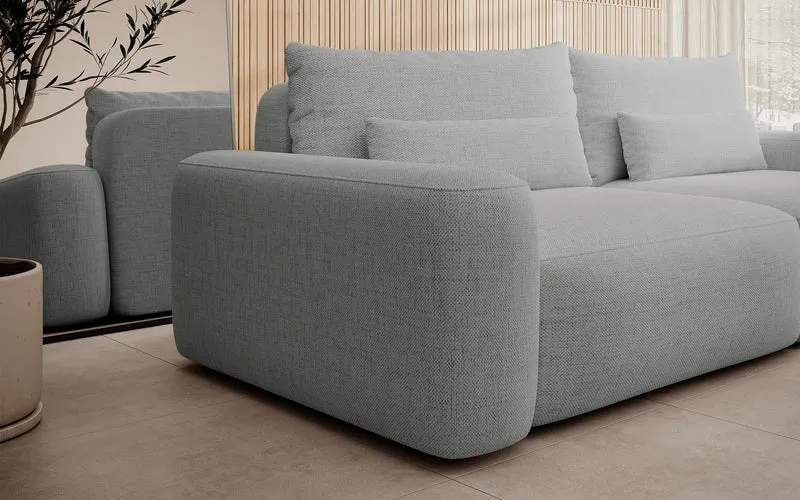 Dreisitziges ausklappbares Sofa Carnos, grauer hydrophober Chenille-Stoff, schwarze Beine