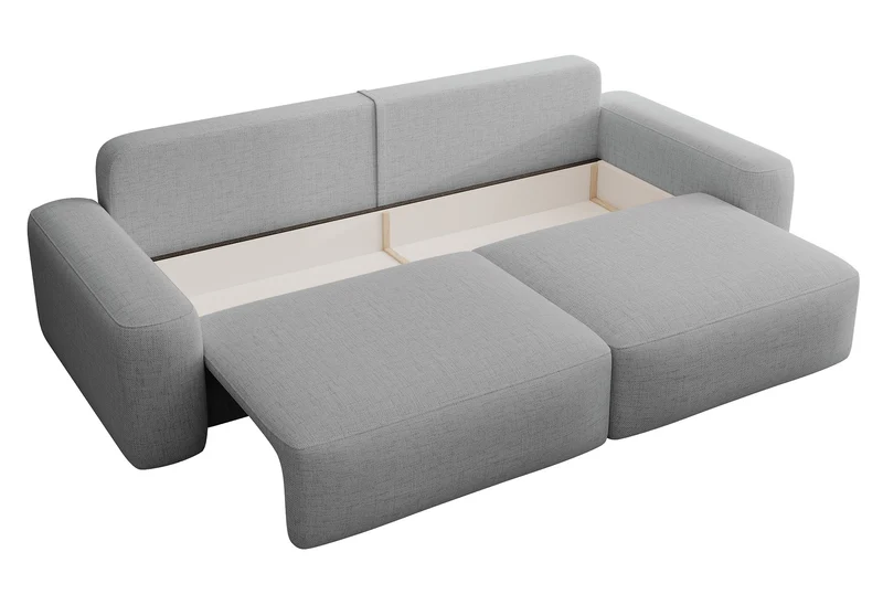 Dreisitziges ausklappbares Sofa Carnos, grauer hydrophober Chenille-Stoff, schwarze Beine