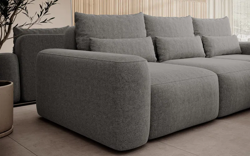 Ecksofa mit Schlaffunktion Carnos, L-förmig, mit zusätzlichen Lendenkissen, dunkelgrauer hydrophober Chenille, rechtsseitig