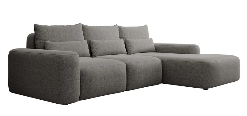 Ecksofa mit Schlaffunktion Carnos, L-förmig, mit zusätzlichen Lendenkissen, dunkelgrauer hydrophober Chenille, rechtsseitig