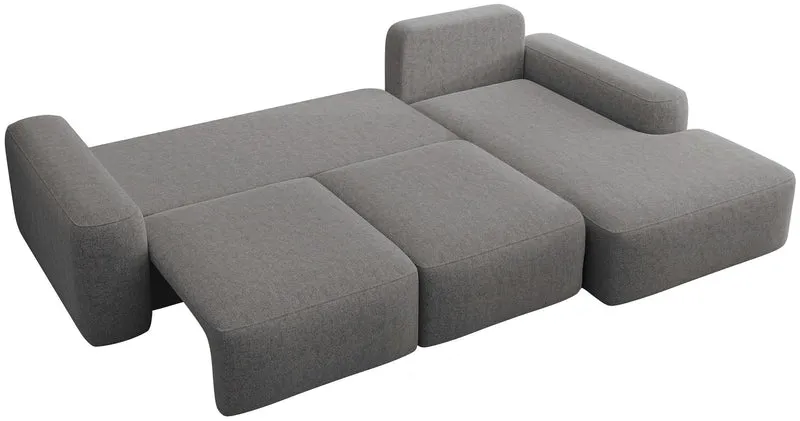 Ecksofa mit Schlaffunktion Carnos, L-förmig, mit Ball, einzelne Kissen, dunkelgrauer hydrophober Chenille-Stoff, rechtsseitig