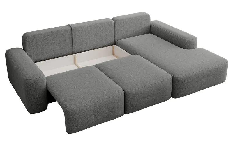 Ecksofa mit Schlaffunktion Carnos, L-förmig, mit zusätzlichen Lendenkissen, dunkelgrauer hydrophober Chenille, rechtsseitig