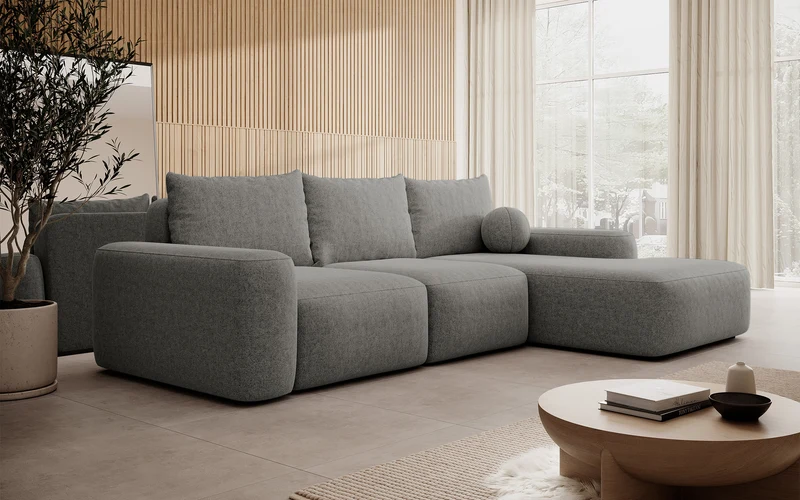 Ecksofa mit Schlaffunktion Carnos, L-förmig, mit Ball, einzelne Kissen, dunkelgrauer hydrophober Chenille-Stoff, rechtsseitig