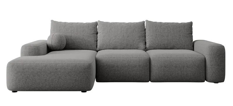 Ecksofa mit Schlaffunktion Carnos, L-förmig mit Ball, einzelne Kissen, dunkelgrauer hydrophober Chenille, linksseitig