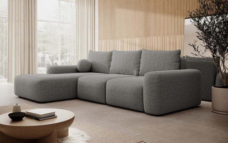 Ecksofa mit Schlaffunktion Carnos, L-förmig mit Ball, einzelne Kissen, dunkelgrauer hydrophober Chenille, linksseitig