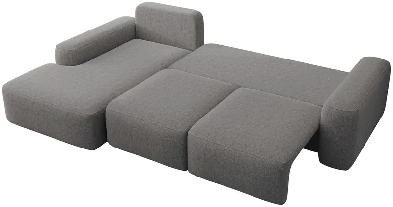 Ecksofa mit Schlaffunktion Carnos, L-förmig mit Ball, einzelne Kissen, dunkelgrauer hydrophober Chenille, linksseitig