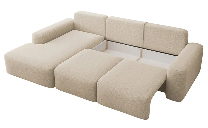 Ecksofa mit Schlaffunktion Carnos, L-förmig, mit zusätzlichen Lendenkissen, beige, hydrophober Chenille-Stoff, linksseitig