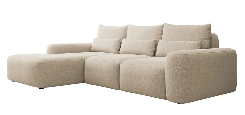 Ecksofa mit Schlaffunktion Carnos, L-förmig, mit zusätzlichen Lendenkissen, beige, hydrophober Chenille-Stoff, linksseitig