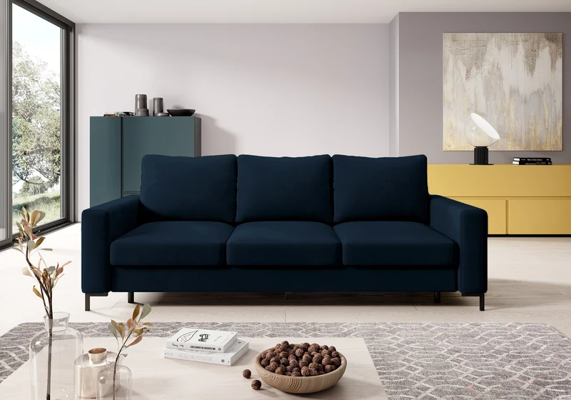 Dreisitziges Schlafsofa Mokpeo mit Stauraum, dunkelblauer Velours, pflegeleicht