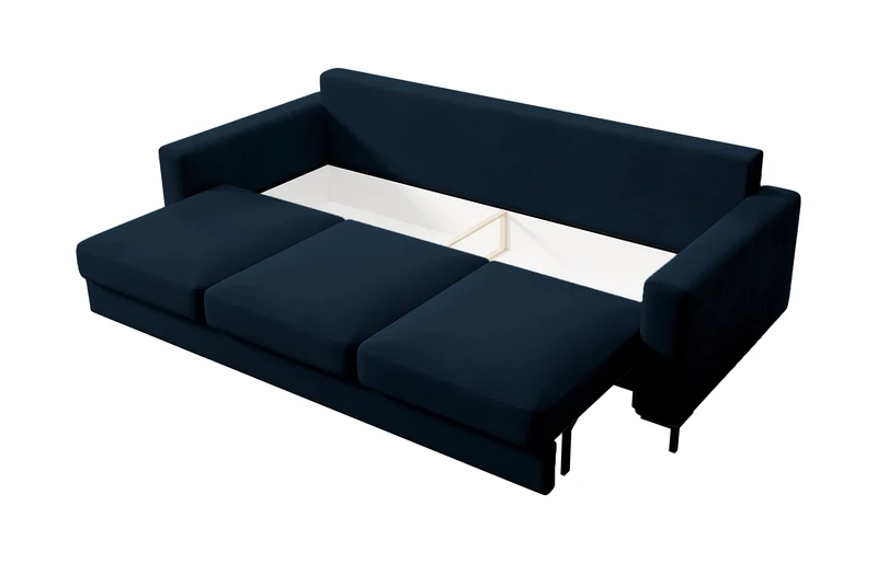 Dreisitziges Schlafsofa Mokpeo mit Stauraum, dunkelblauer Velours, pflegeleicht