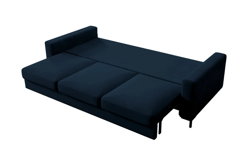 Dreisitziges Schlafsofa Mokpeo mit Stauraum, dunkelblauer Velours, pflegeleicht