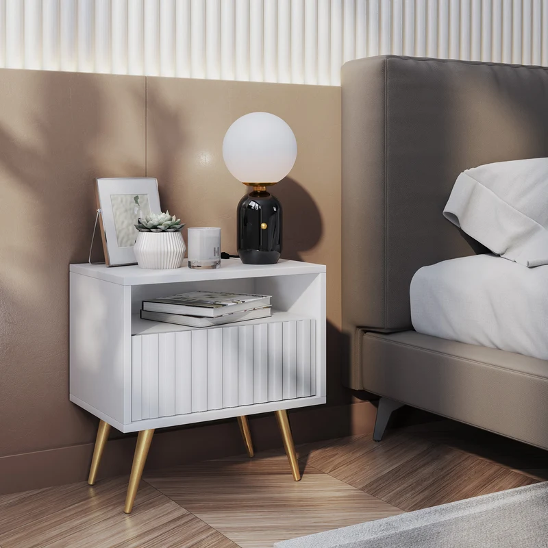 Nachttisch Bello mit Schublade und lamellenförmiger Front, weiß mit goldenen Beinen
