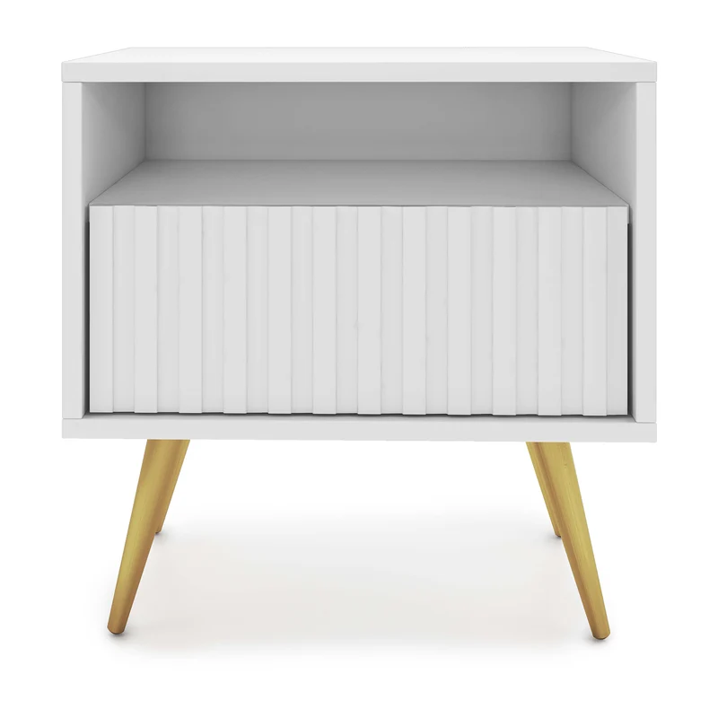 Nachttisch Bello mit Schublade und lamellenförmiger Front, weiß mit goldenen Beinen