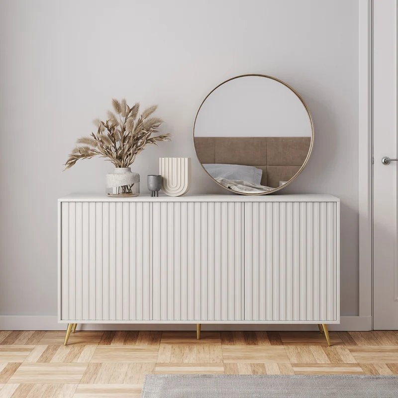 Kommode Bello mit Lamellenfronten, 154 cm, weiß mit goldenen Beinen