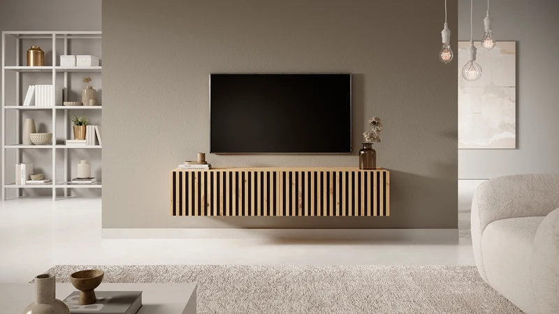 TV-Schrank Telire 138,6 cm Artisan-Eiche mit lamellenförmiger Front und schwarzen Einsätzen