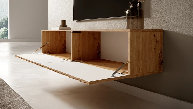 TV-Schrank Telire 138,6 cm Artisan-Eiche mit lamellenförmiger Front und schwarzen Einsätzen