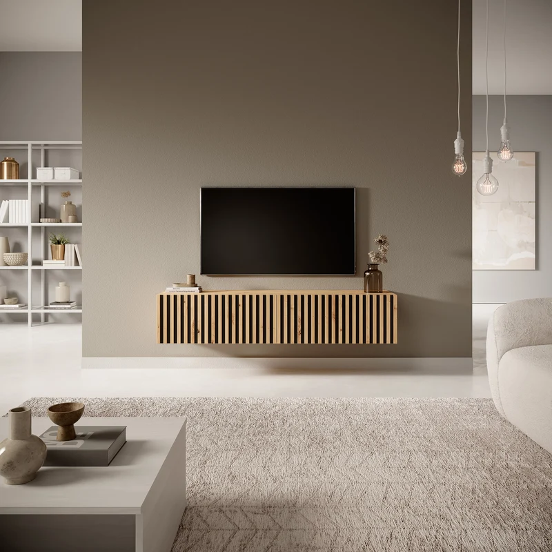 TV-Schrank Telire 138,6 cm Artisan-Eiche mit lamellenförmiger Front und schwarzen Einsätzen