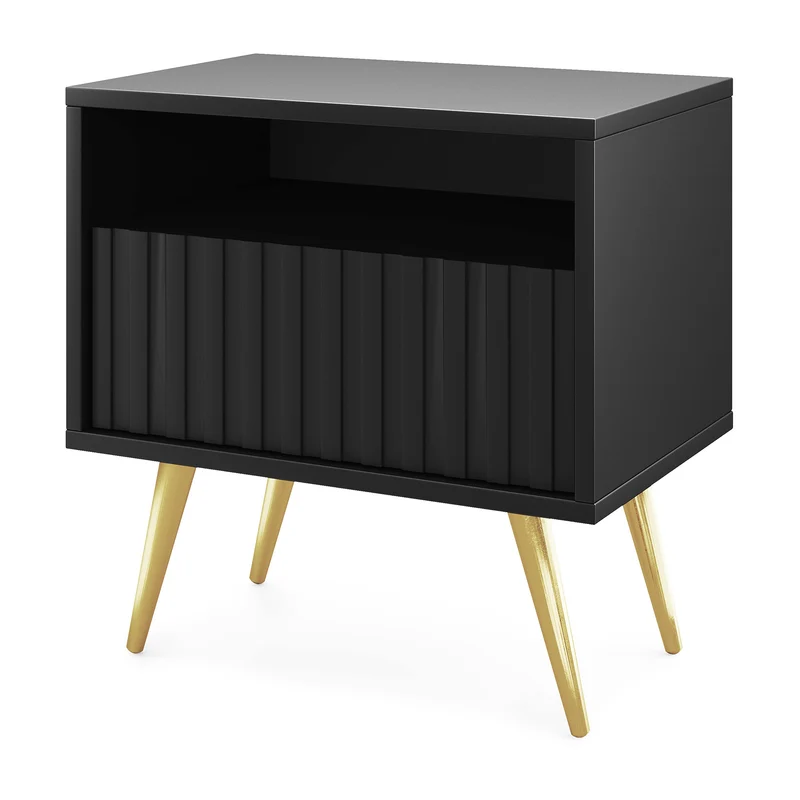 Nachttisch Bello mit Schublade und lamellenförmiger Front, schwarz mit goldenen Beinen