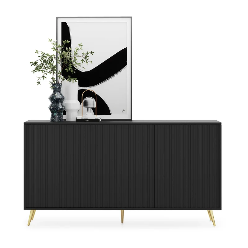 Kommode Bello mit Lamellenfronten, 154 cm, schwarz mit goldenen Beinen