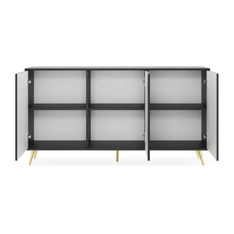 Kommode Bello mit Lamellenfronten, 154 cm, schwarz mit goldenen Beinen