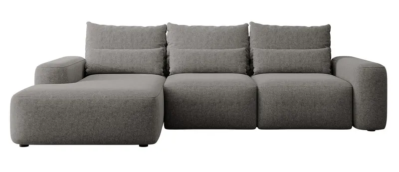 Ecksofa mit Schlaffunktion Carnos, L-förmig, mit zusätzlichen Lendenkissen, dunkelgrauer hydrophober Chenille-Stoff, linksseitig