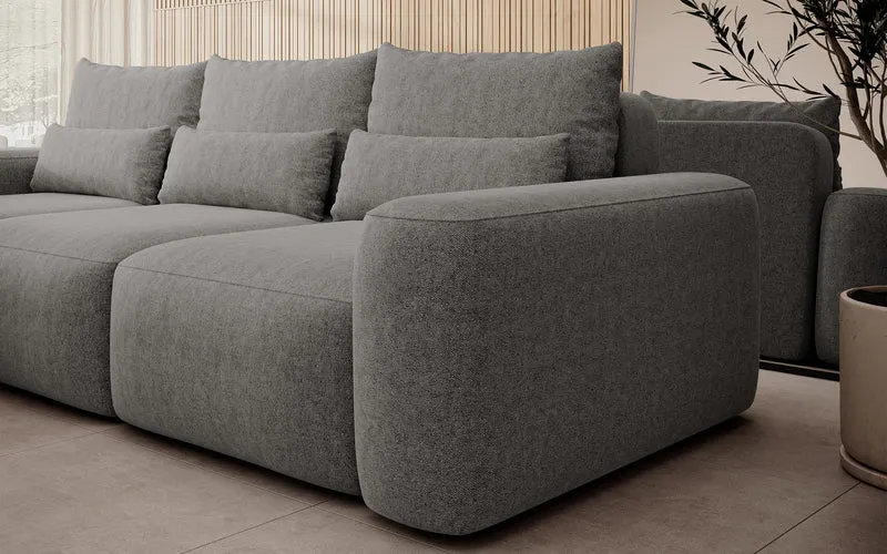 Ecksofa mit Schlaffunktion Carnos, L-förmig, mit zusätzlichen Lendenkissen, dunkelgrauer hydrophober Chenille-Stoff, linksseitig