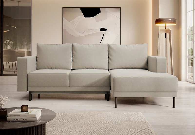Ecksofa mit Schlaffunktion Rodario mini, L-förmig, mit Stauraum, beige, Velours, pflegeleicht, rechtsseitig