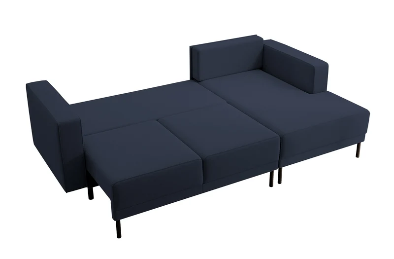 Ecksofa mit Schlaffunktion Rodario Mini, L-förmig, mit Stauraum, marineblauer, pflegeleichter Samt, rechtsseitig