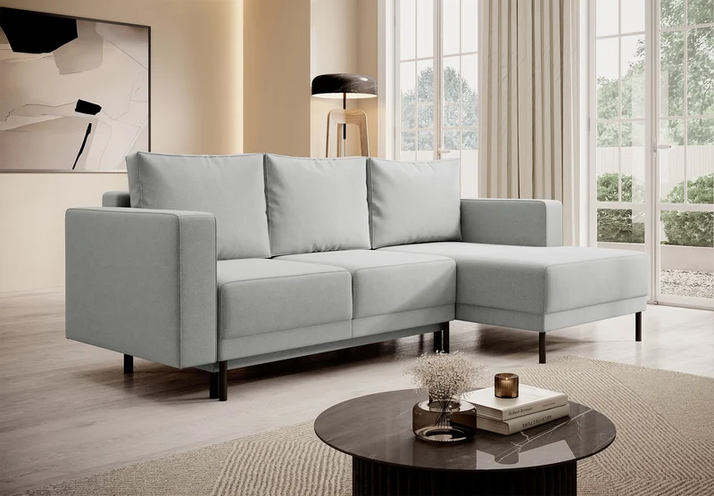 Ecksofa mit Schlaffunktion Rodario Mini, L-förmig, mit Stauraum, grau, leicht zu reinigender Samt, rechtsseitig
