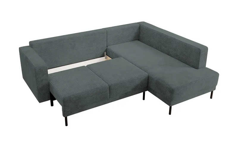 Ecksofa Rodario mit Schlaffunktion und Bettkasten, grauer Cord, rechtsseitig