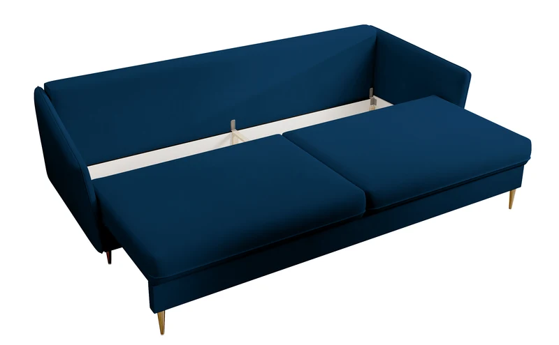 Dreisitziges ausklappbares Sofa Volio in Samtvelours, marineblau, wasserabweisend, mit goldfarbenen Beinen