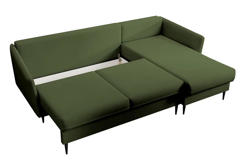 Ecksofa mit Schlaffunktion Volio, olivgrüner wasserabweisender Samt, schwarze Beine