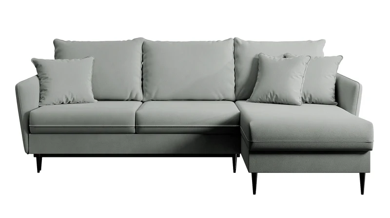 Ecksofa mit Schlaffunktion Volio, grauer wasserabweisender Samt, schwarze Beine