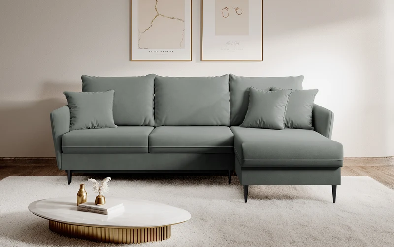 Ecksofa mit Schlaffunktion Volio, grauer wasserabweisender Samt, schwarze Beine