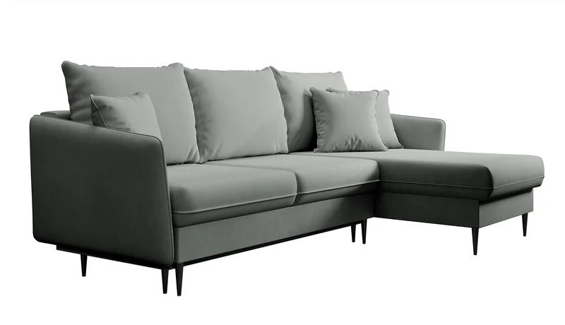 Ecksofa mit Schlaffunktion Volio, grauer wasserabweisender Samt, schwarze Beine