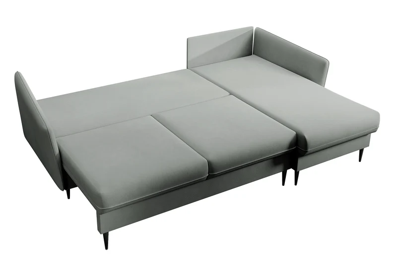 Ecksofa mit Schlaffunktion Volio, grauer wasserabweisender Samt, schwarze Beine