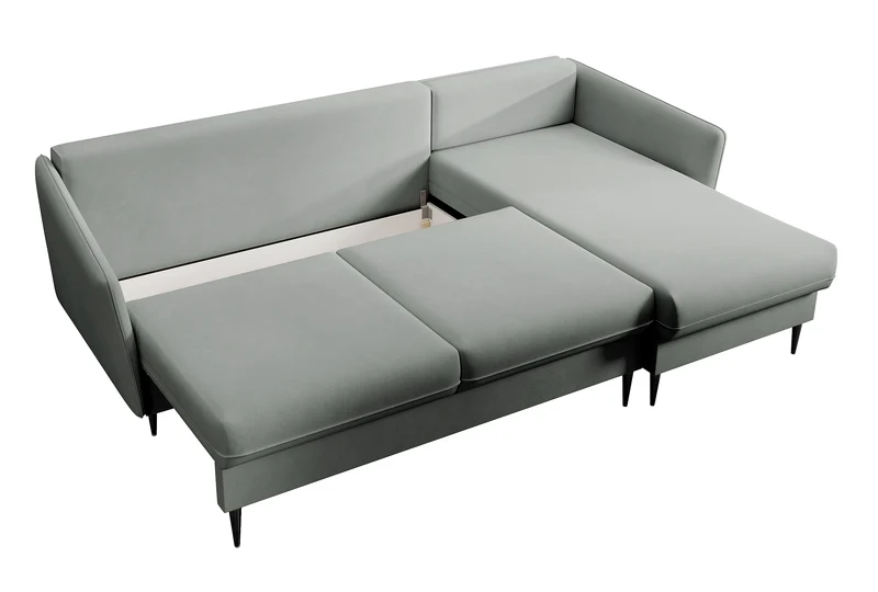 Ecksofa mit Schlaffunktion Volio, grauer wasserabweisender Samt, schwarze Beine