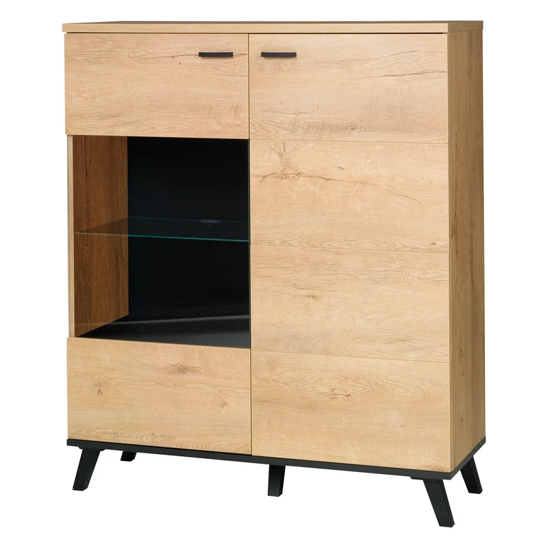 John Vitrine 101 cm mit Glastür und Tür – Eiche Lefkas / Schwarz